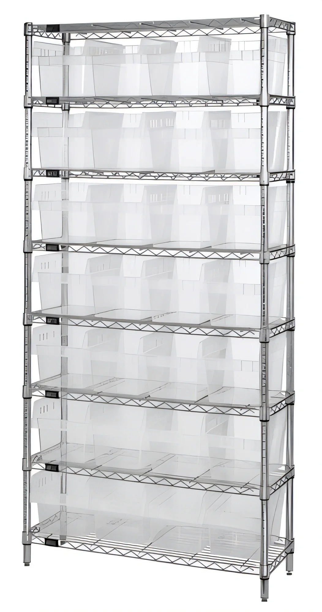 Quantum WR8-808CL Chrome Stationary Bin Wire Shelving System, 36"W x 18"D x 74"H, 8 Shelves, 28 Clear Bins