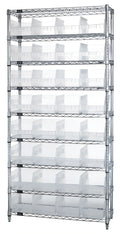 Quantum WR9-214CL Stationary Bin Wire Shelving System with 32 Clear Bins, 9 Shelves, Chrome, 36"W x 24"D x 74"H