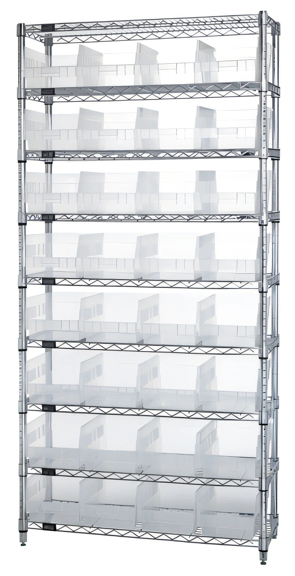 Quantum WR9-214CL Stationary Bin Wire Shelving System with 32 Clear Bins, 9 Shelves, Chrome, 36"W x 24"D x 74"H