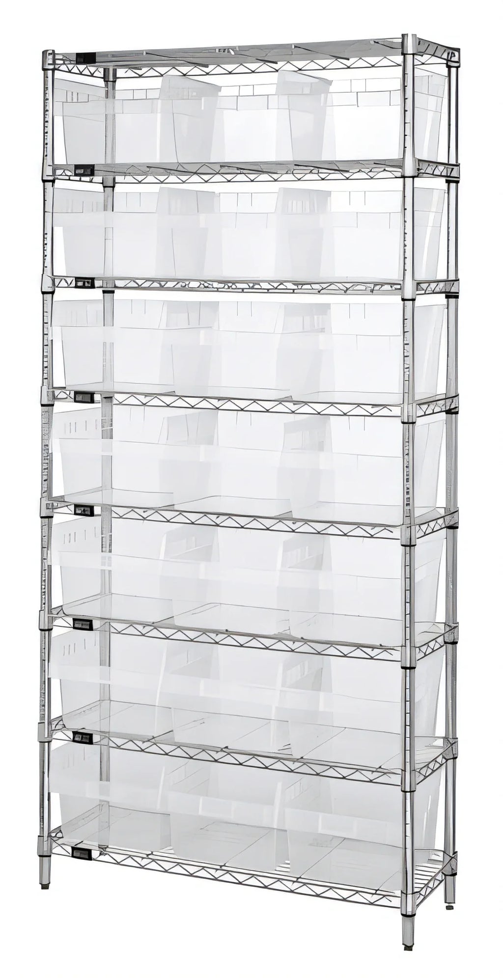 Quantum WR8-810CL Bin Wire Shelving System, 36W x 18D x 74H, 8 Shelves, 21 Clear Bins, Chrome Finish