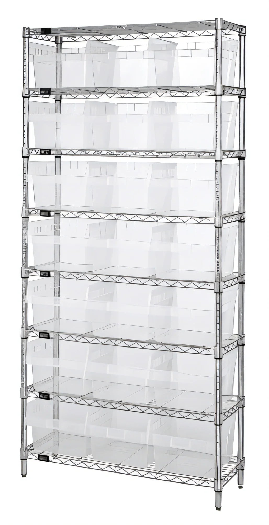 Quantum WR8-810CL Bin Wire Shelving System, 36W x 18D x 74H, 8 Shelves, 21 Clear Bins, Chrome Finish