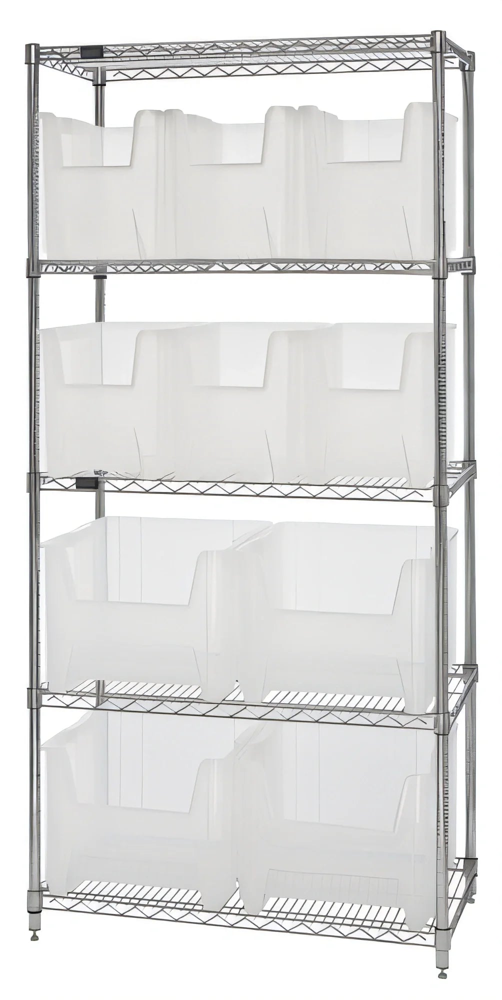 Quantum WR5-600800CL Bin Wire Shelving System, 36"W x 18"D x 74"H, Chrome, 5 Shelves with 10 Clear Bins