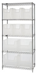 Quantum WR5-600800CL Bin Wire Shelving System, 36"W x 18"D x 74"H, Chrome, 5 Shelves with 10 Clear Bins