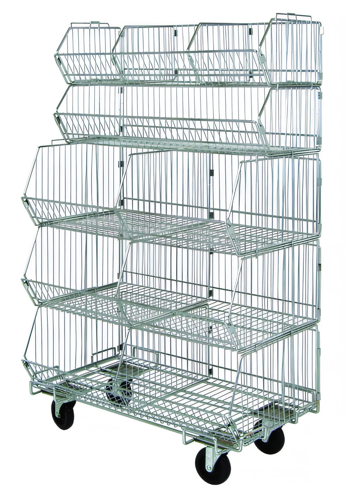 Quantum WR5-36MSBA-MOB Mobile Chrome-Plated Stacking Basket System, 5 Baskets with Dividers, 36W x 20D x 60H