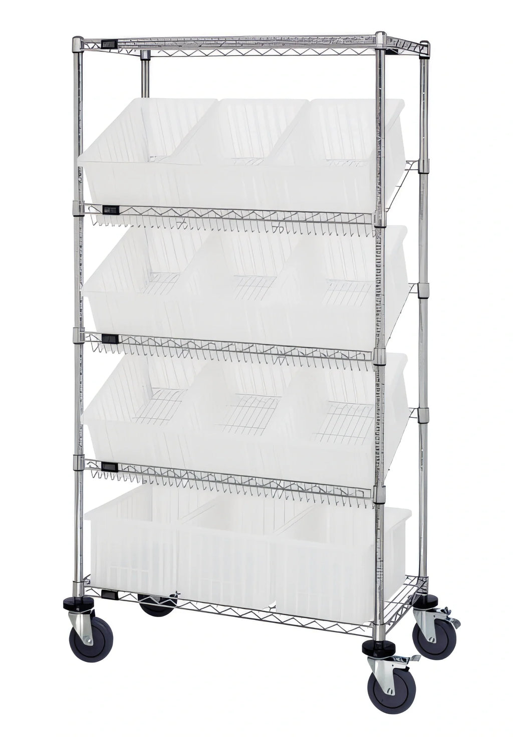 Quantum MWRS-5-92080CL Mobile Chrome Wire Shelving Bin System, 5 Shelves, 12 Clear Bins, 36 x 18 x 63 Inches
