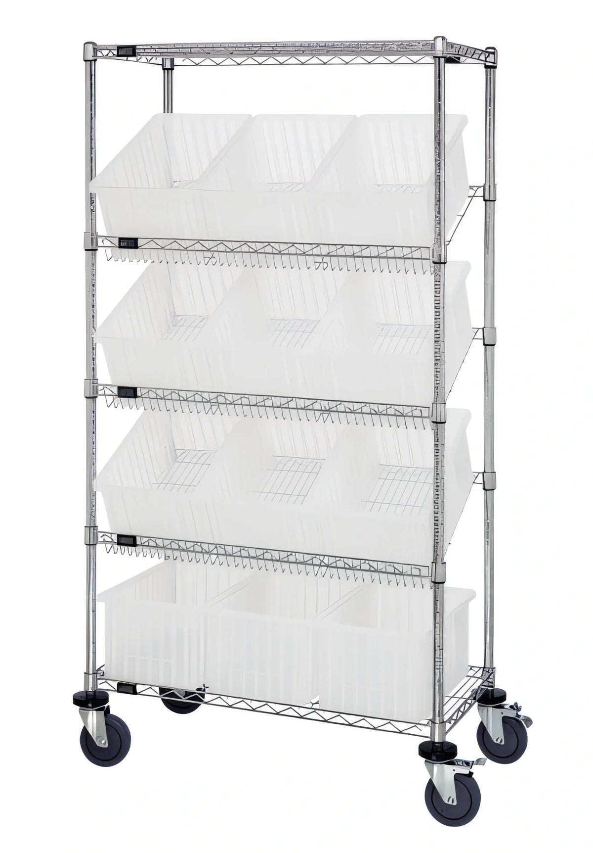 Quantum MWRS-5-92080CL Mobile Chrome Wire Shelving Bin System, 5 Shelves, 12 Clear Bins, 36 x 18 x 63 Inches