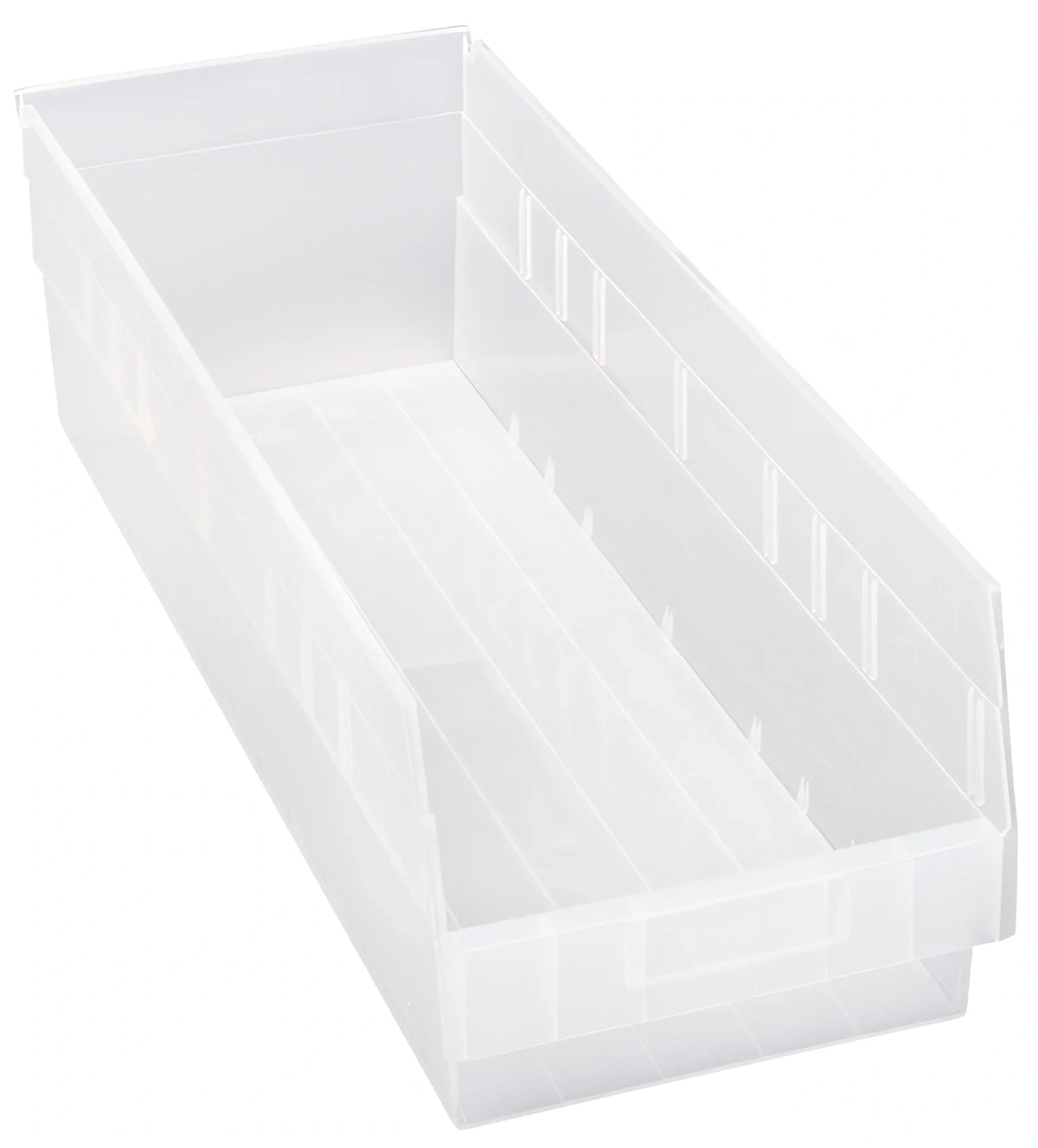 Quantum QSB214CL Nesting Clear Shelf Bin, 8-3/8"W x 23-5/8"L x 6"H, 7 Divider Slots Case of 6