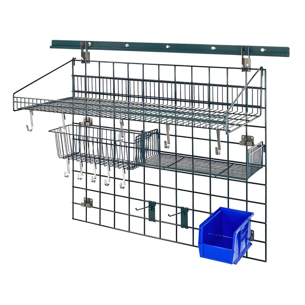 Quantum Store Grid SGK-403036-2PCL Wall-Mounted Standard-Duty Shelving Starter Kit with Shelf, Basket, Bin Holder and Clear Bin
