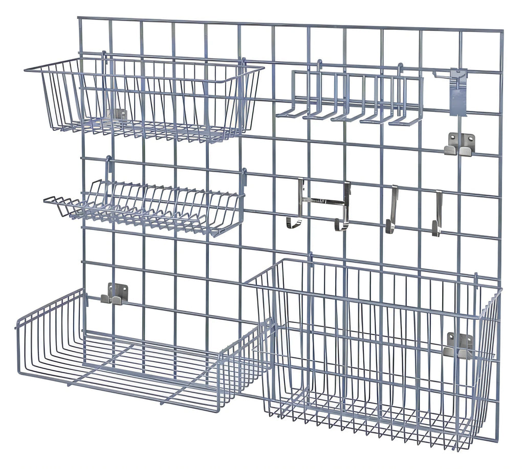 Quantum SGK-3036-1GY Wall-Mounted Store Grid Starter Kit, Light-Duty, Gray Epoxy, 36 x 30 in. Panel with Baskets, Shelf and Hooks