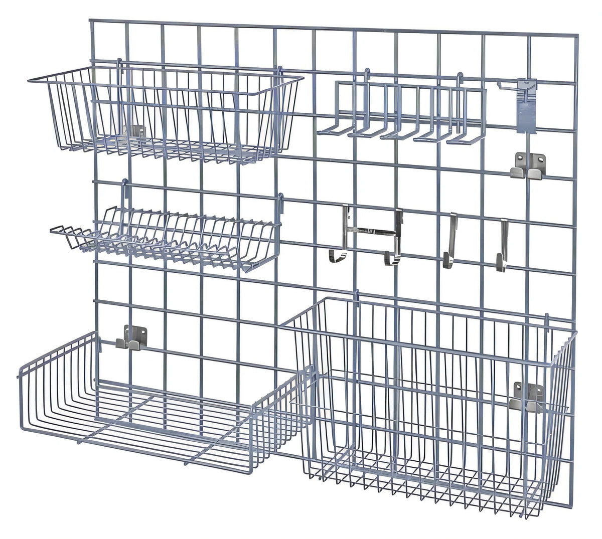 Quantum SGK-3036-1GY Wall-Mounted Store Grid Starter Kit, Light-Duty, Gray Epoxy, 36 x 30 in. Panel with Baskets, Shelf and Hooks