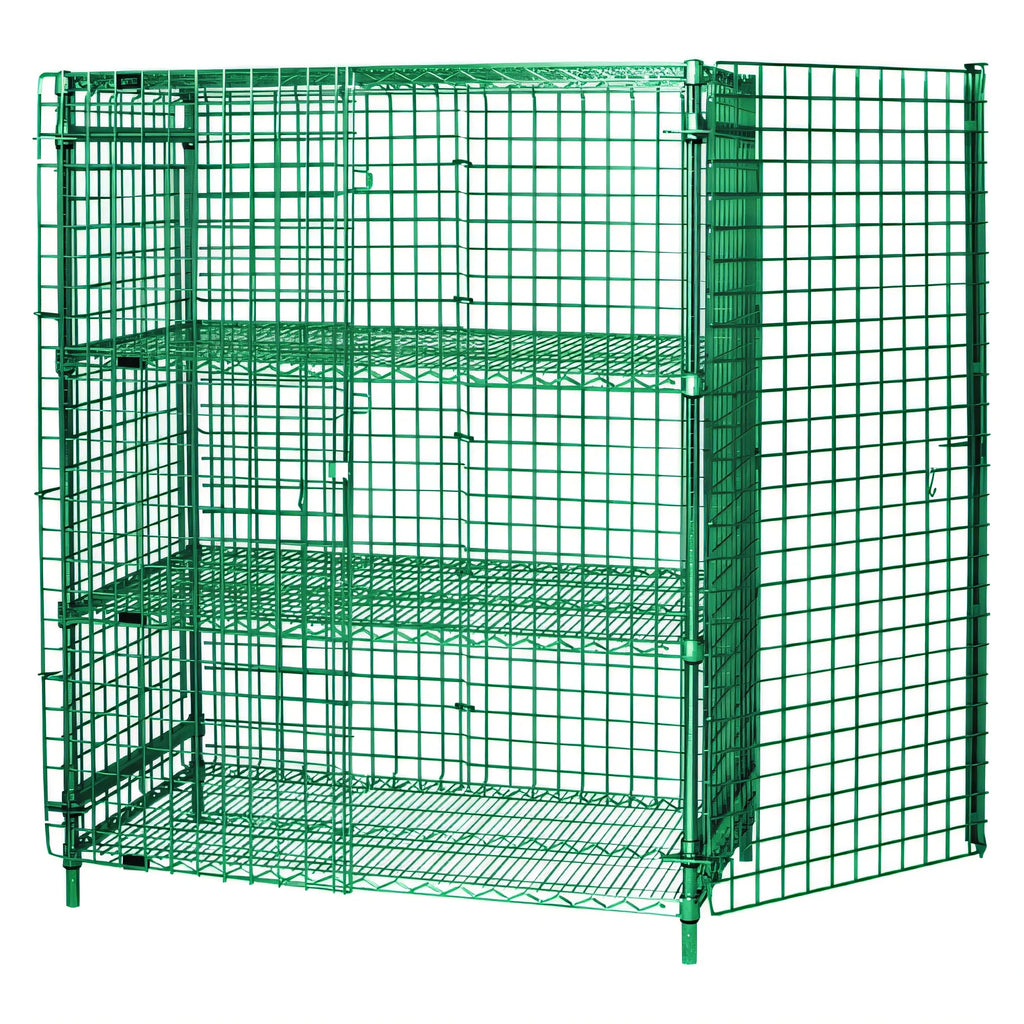 Quantum 1860-63SECP-2 Stationary Wire Security Storage Cage with Locking Doors, 2 Intermediate Shelves, 60"W x 18"D x 63"H, Green Epoxy
