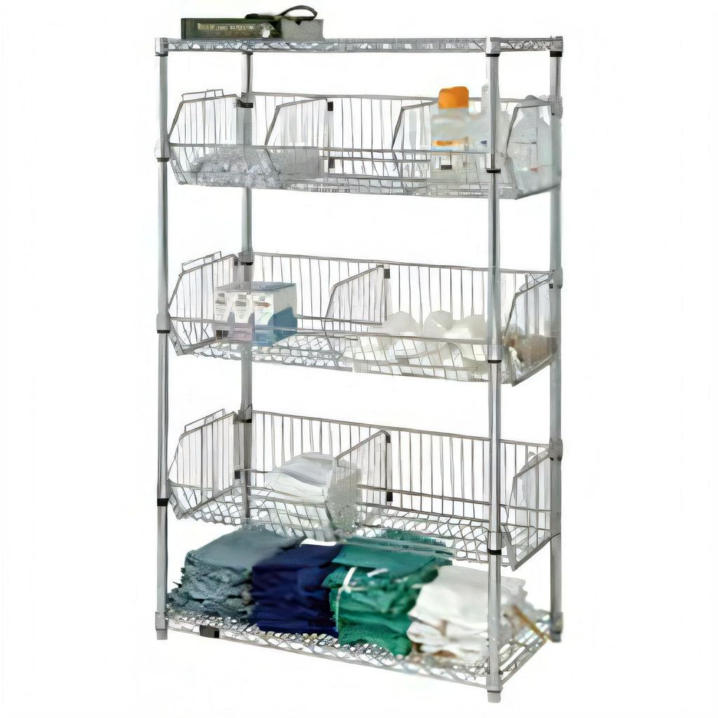 Quantum 1848BC6C Stationary Wire Basket Unit, 48W x 18D x 63H, 3 Adjustable Baskets, Chrome-Plated