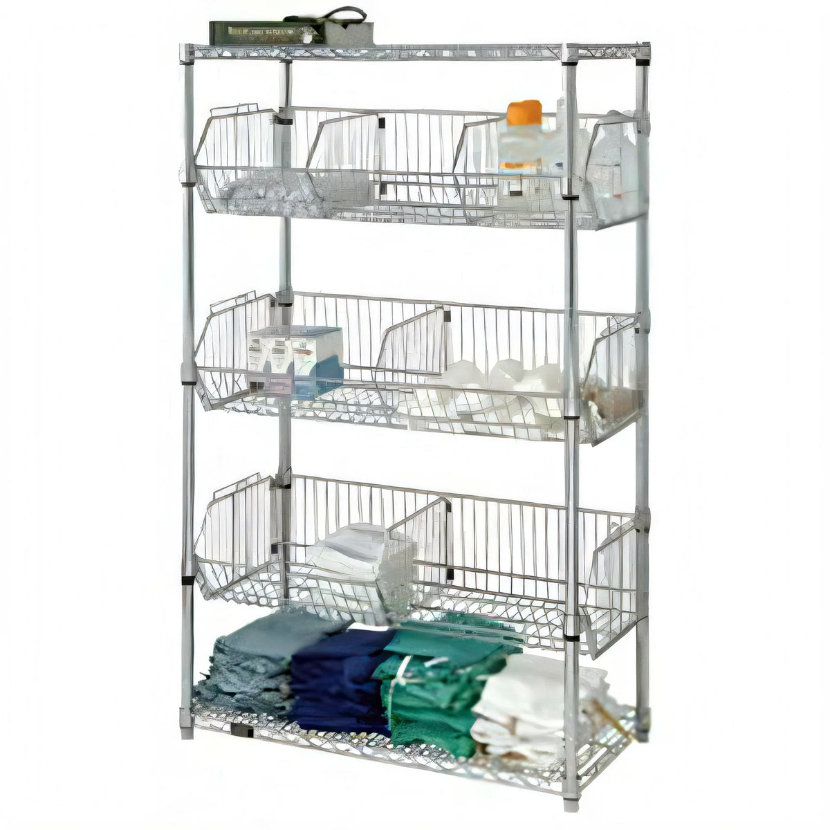 Quantum 1848BC6C Stationary Wire Basket Unit, 48W x 18D x 63H, 3 Adjustable Baskets, Chrome-Plated