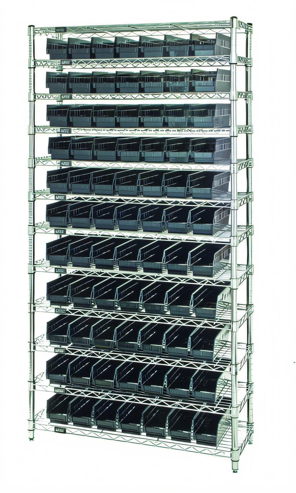 Quantum WR12-103CO Conductive Chrome-Plated Bin Wire Shelving System, 36"W x 18"D x 74"H, 12 Shelves with 88 Bins