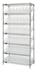 Quantum WRS-7-103CL Stationary Chrome-Plated Wire Shelving Bin System with 48 Clear Bins, 7 Shelves, 36W x 18D x 74H