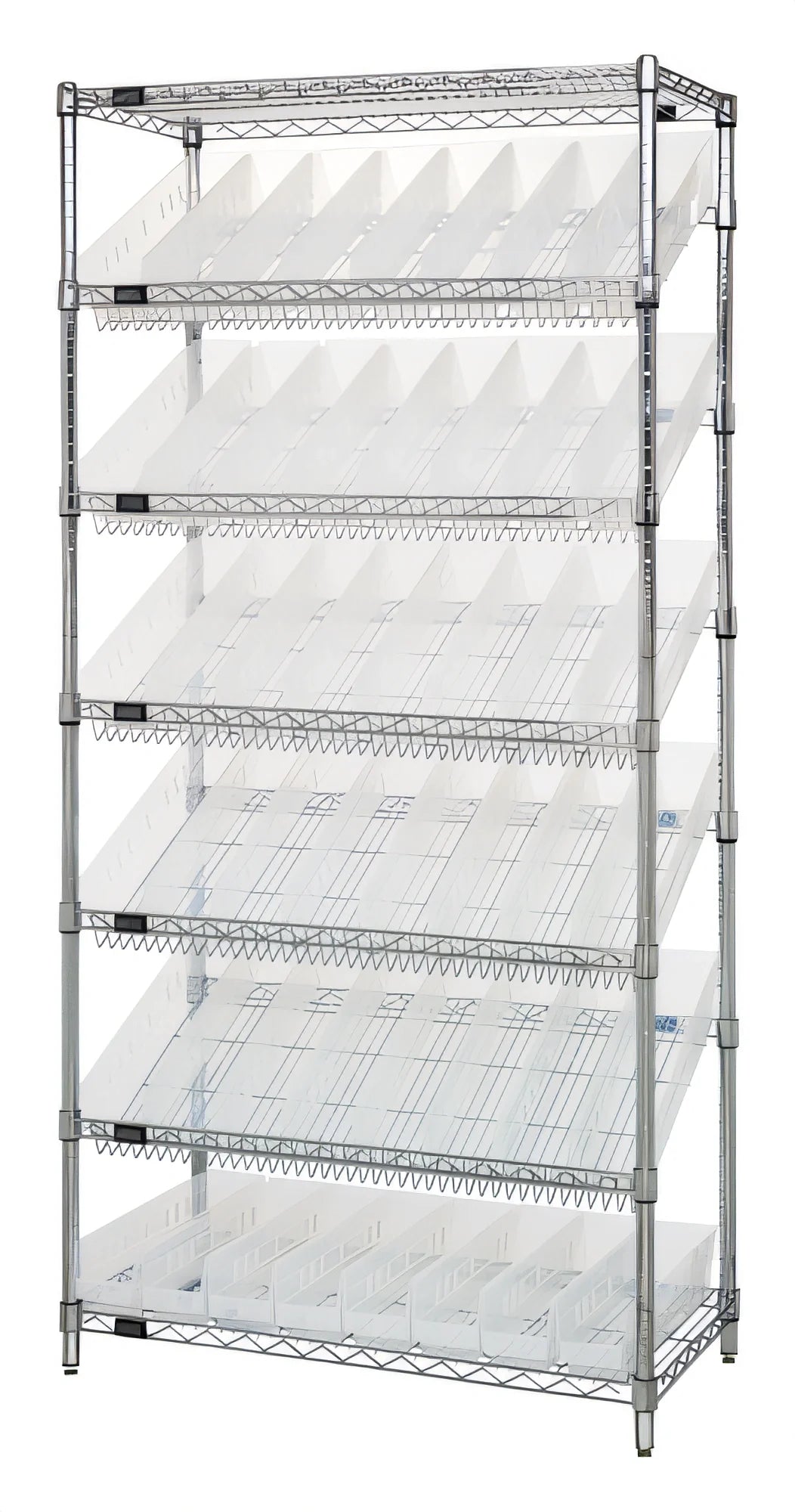 Quantum WRS-7-103CL Stationary Chrome-Plated Wire Shelving Bin System with 48 Clear Bins, 7 Shelves, 36W x 18D x 74H