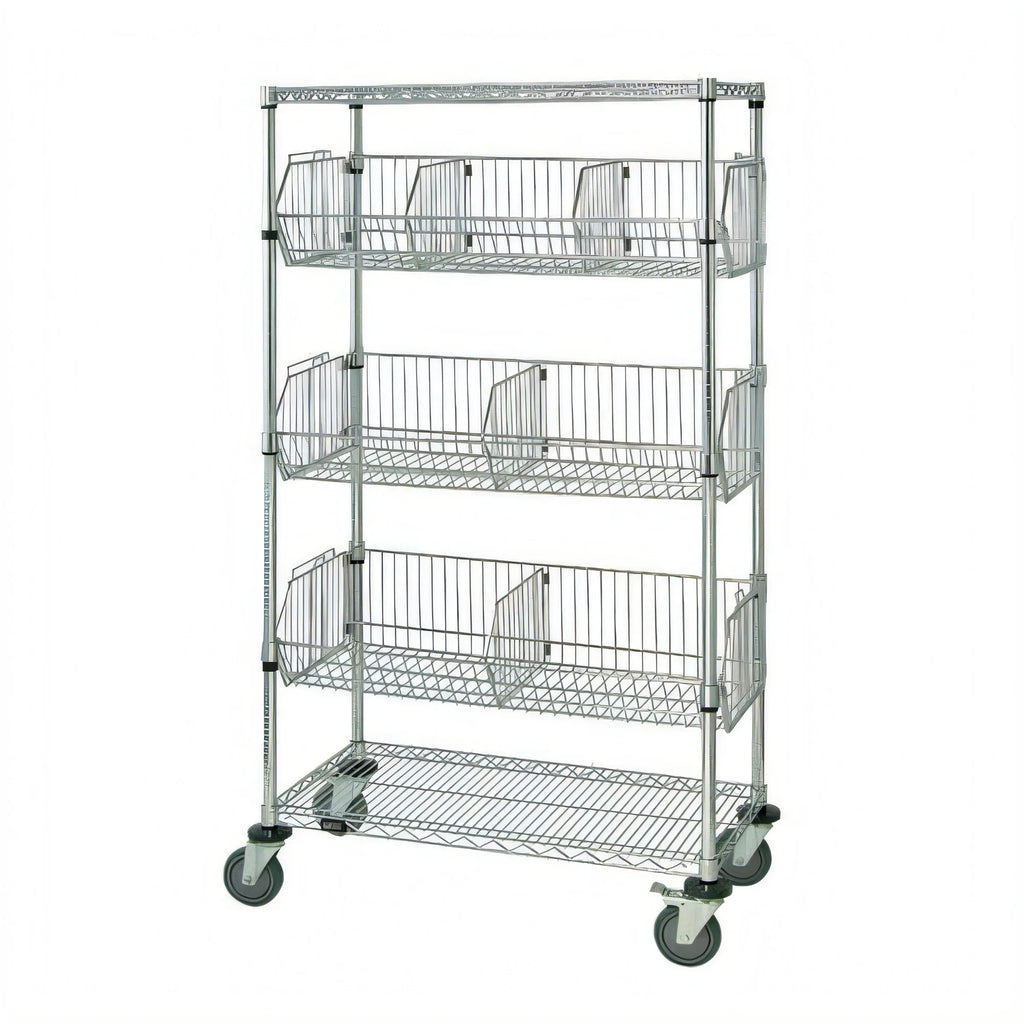 Quantum M1848BC6C Mobile Chrome Basket Storage Unit with 3 Adjustable Baskets, 2 Wire Shelves, and Casters, 48 x 18 x 69 Inches