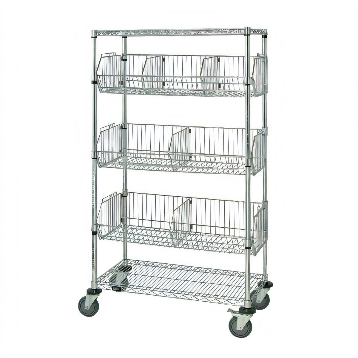 Quantum M1848BC6C Mobile Chrome Basket Storage Unit with 3 Adjustable Baskets, 2 Wire Shelves, and Casters, 48 x 18 x 69 Inches