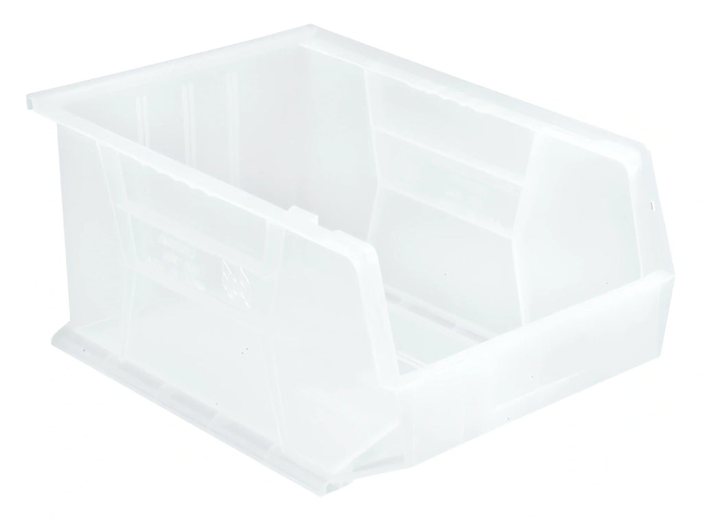 Quantum QUS255CL Clear Stackable/Hanging Shelf Bin, 11"W x 16"L x 8"H, 3 Divider Slots Case of 4