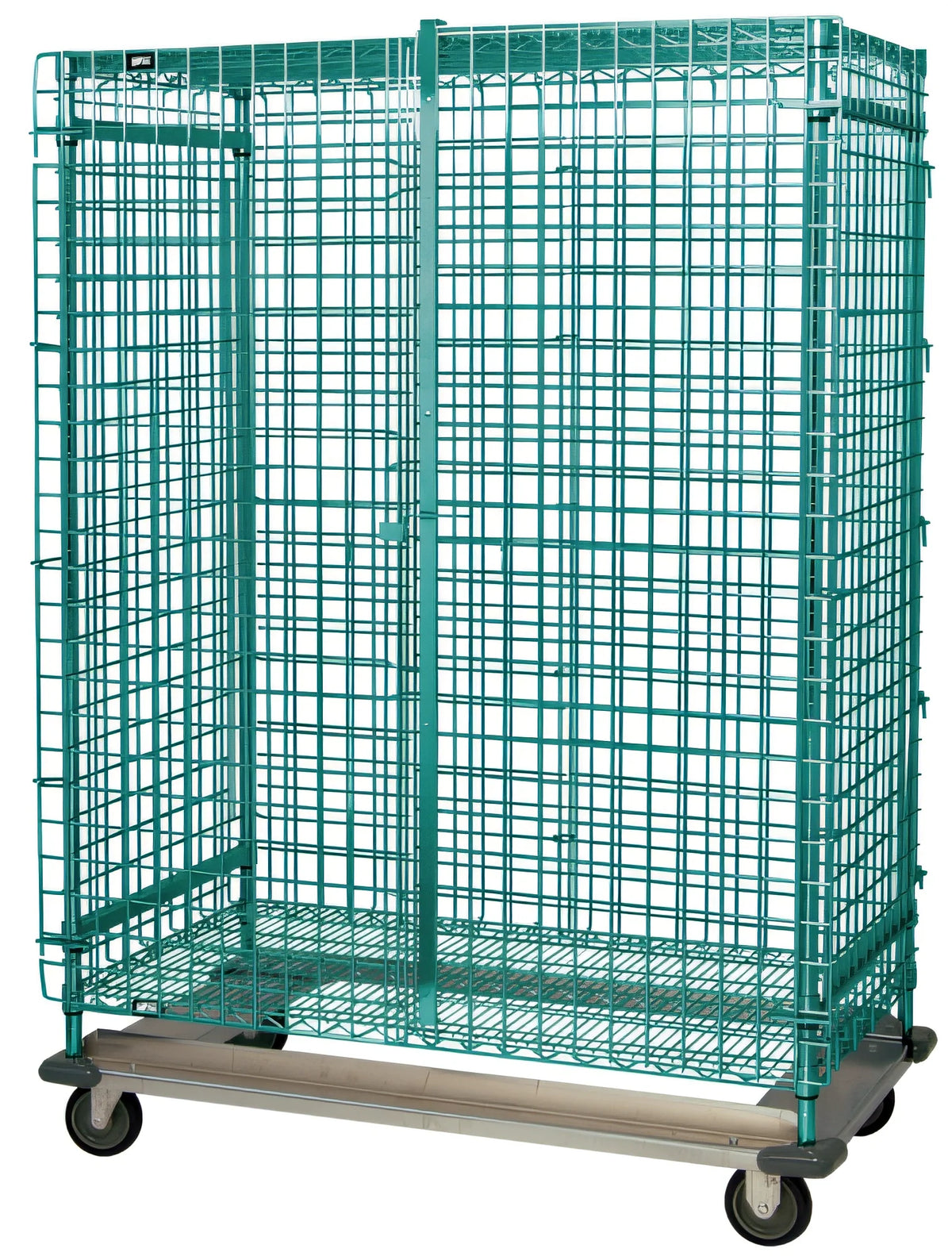 Quantum MD1860-70SECP Mobile Wire Security Cage with Dolly Base, 60 W x 18 D x 70 H, Green Epoxy-Coated Finish