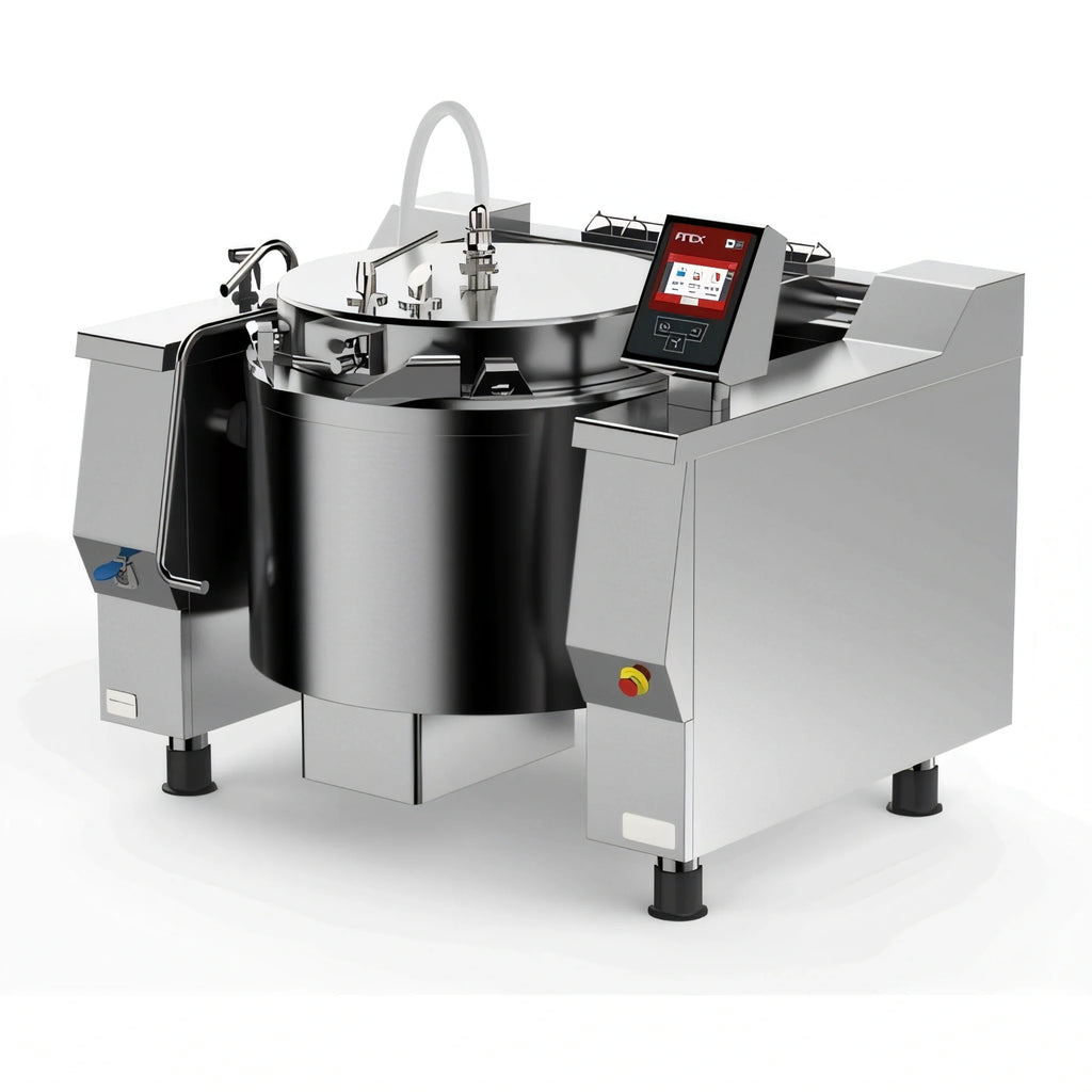 Firex (Middleby) Cucimix UCBTE048AV1 48-Gallon Electric Tilting Pressure Braising Pan with Programmable Touchscreen and Automatic Mixer