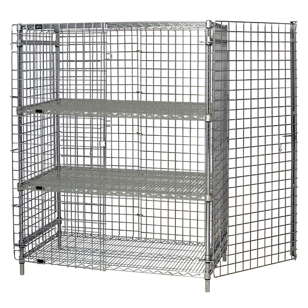 Quantum 2448-63SEC-2 Stationary Chrome Wire Security Cage, 48"W x 24"D x 63"H, 2 Intermediate Shelves, Locking Panel Doors