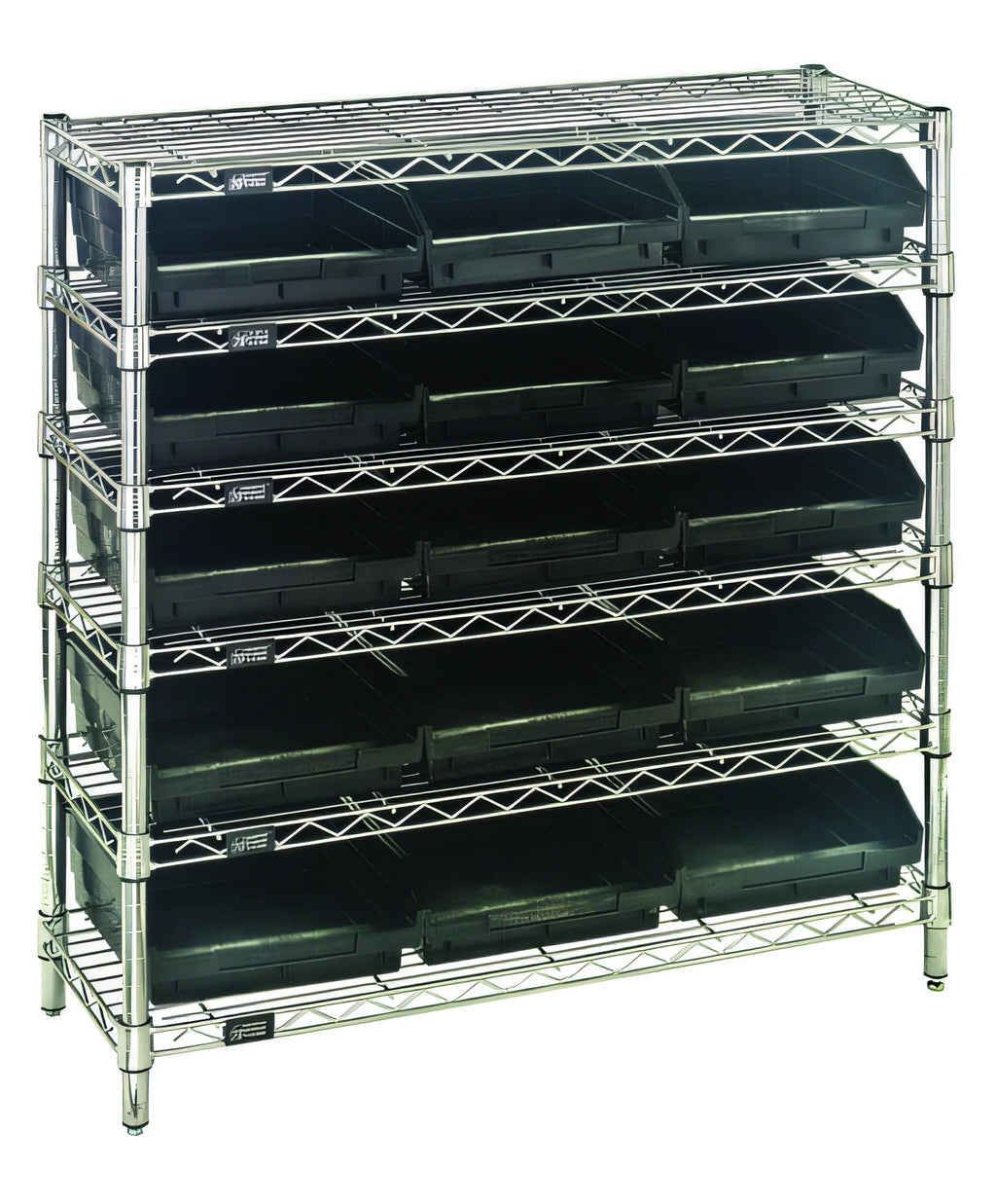 Quantum WR6-36-1236-109CO Conductive Chrome Wire Bin Shelving Unit, 6 Shelves, 15 Bins, 36"W x 12"D x 36"H