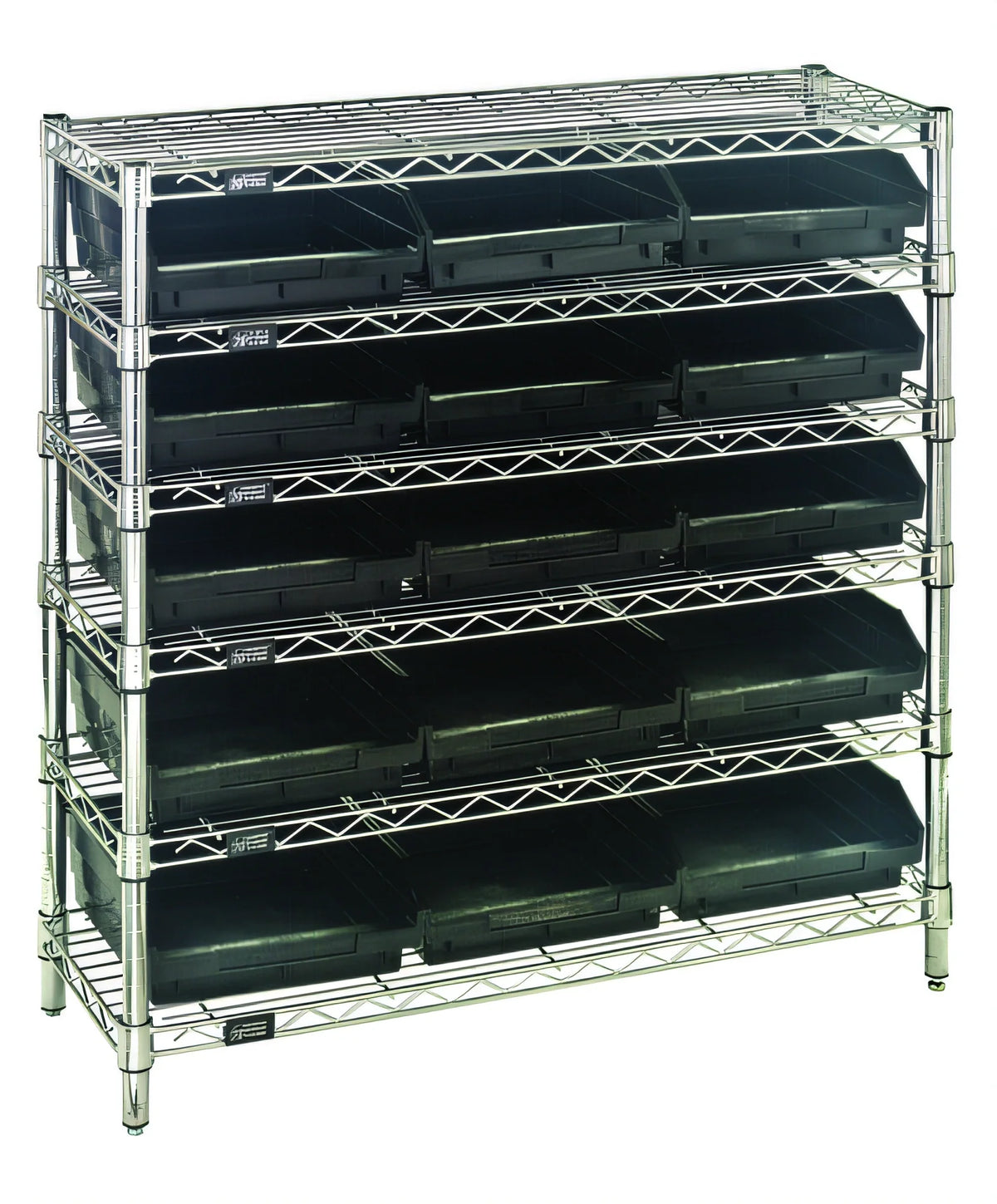 Quantum WR6-36-1236-109CO Conductive Chrome Wire Bin Shelving Unit, 6 Shelves, 15 Bins, 36"W x 12"D x 36"H