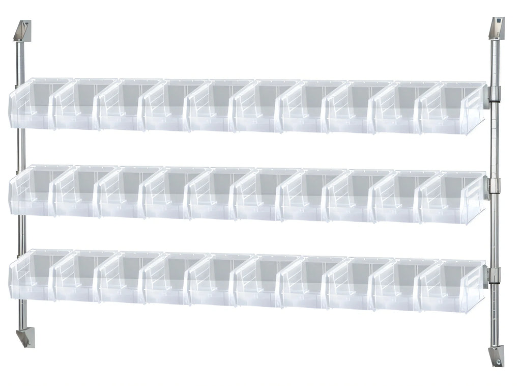 Quantum CAN-34-60BH-230CL Wall-Mount Cantilever Bin Holder Starter Unit with 18 Clear Bins, 60W x 10-7/8D x 34H, Chrome Plated