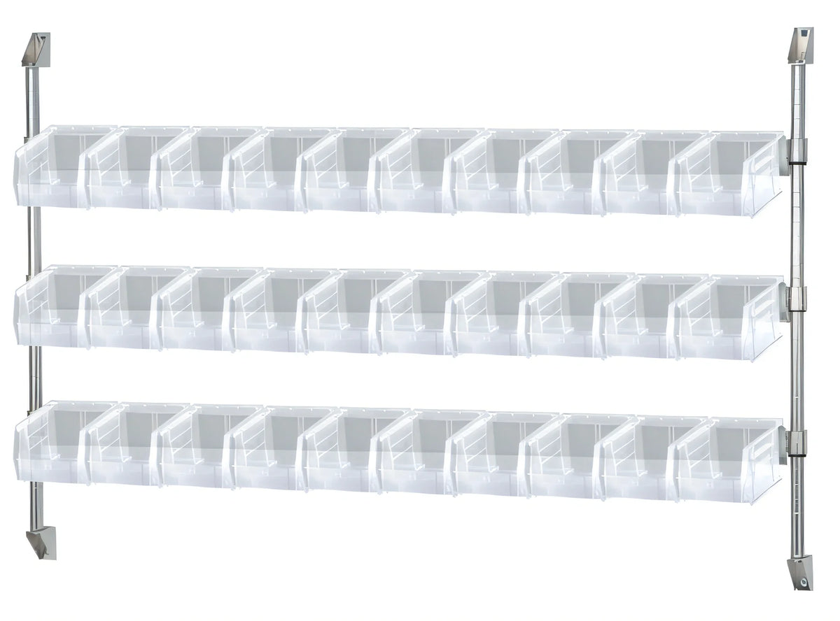 Quantum CAN-34-60BH-230CL Wall-Mount Cantilever Bin Holder Starter Unit with 18 Clear Bins, 60W x 10-7/8D x 34H, Chrome Plated