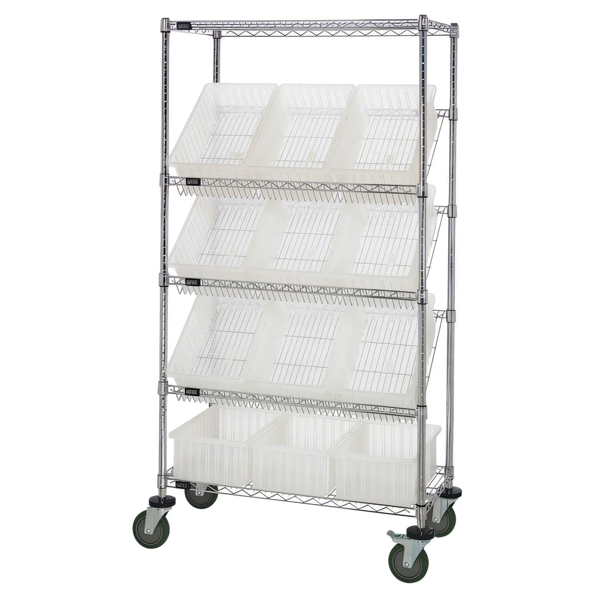Quantum MWRS-5-92060 Mobile Chrome Wire Shelving Bin System, 5 Shelves, 12 Bins, 36W x 18D x 63H