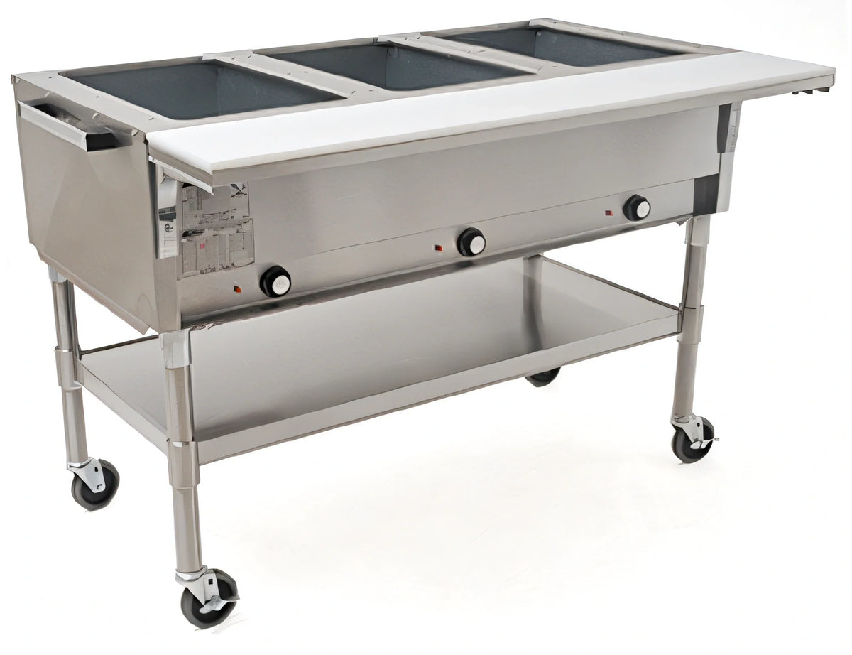 Eagle Group SPDHT3-240 Portable Electric Hot Food Table, 3 Dry Wells, Open Base, Cutting Board, Mobile, 240V