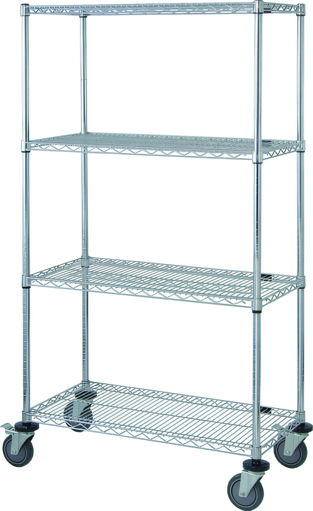 Quantum M2460C46 60"W x 24"D x 69"H Chrome Mobile Wire Shelving Cart with 4 Shelves and 5" Casters