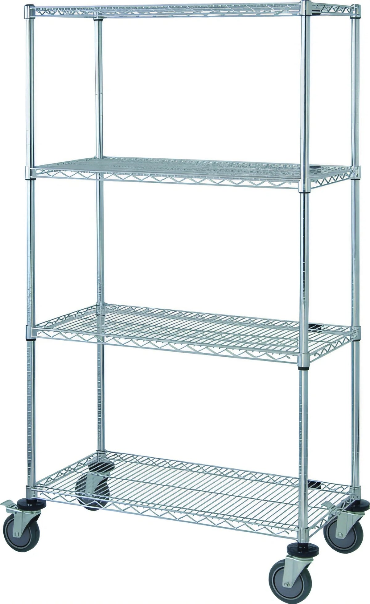 Quantum M2460C46 60"W x 24"D x 69"H Chrome Mobile Wire Shelving Cart with 4 Shelves and 5" Casters