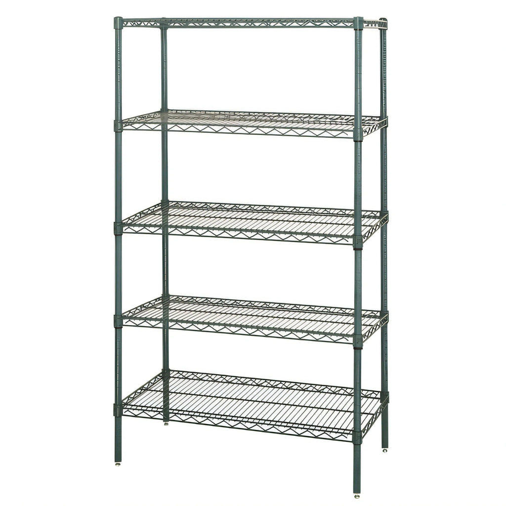 Quantum WR74-2436P-5 Stationary Wire Shelving Starter Unit, 36"W x 24"D x 74"H, 5 Shelves, Green Epoxy