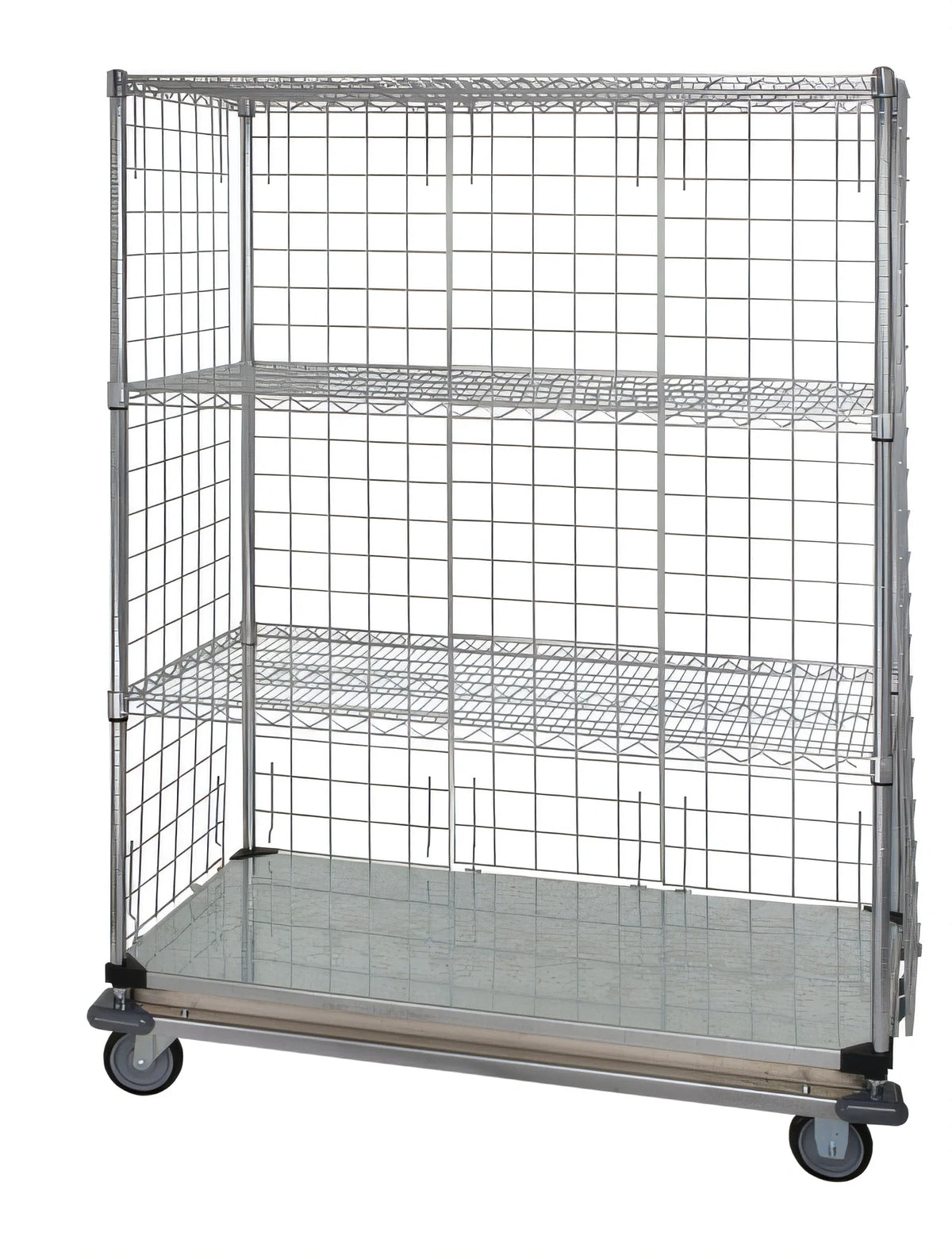 Quantum WRDBS4-74-2436EP Wire Enclosed Mobile Cart, 36 x 24 x 80 Inches, 1200 lb. Capacity, 3 Wire/1 Solid Shelf