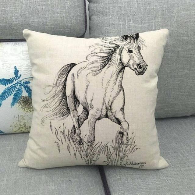 Horse Print Linen Throw Pillow Cover
