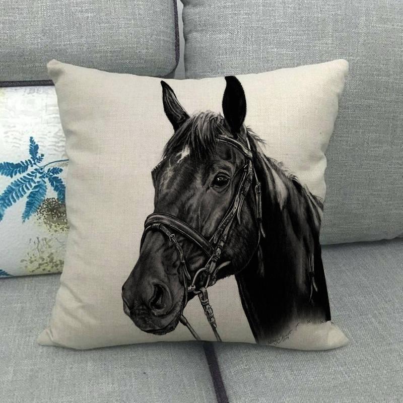 Horse Print Linen Throw Pillow Cover