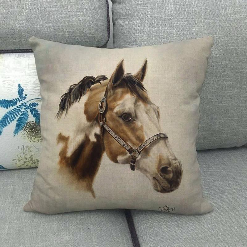 Horse Print Linen Throw Pillow Cover