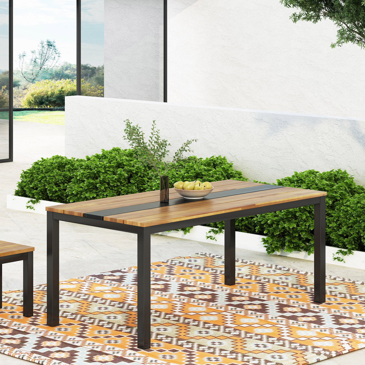 Acacia Wood Outdoor Dining Table with Powder-Coated Frame - Lindsey Dining Table