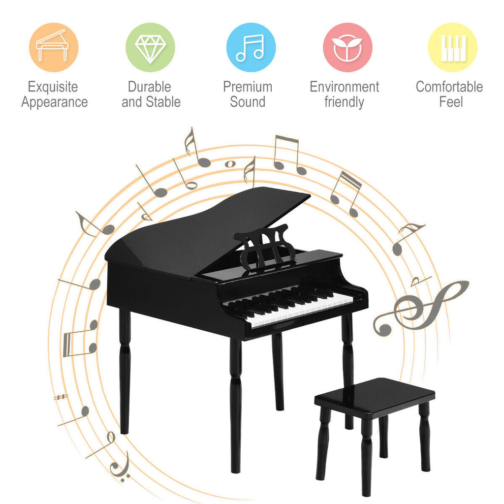 30-Key Wood Toy Kids Grand Piano with Bench & Music Rack-Black
