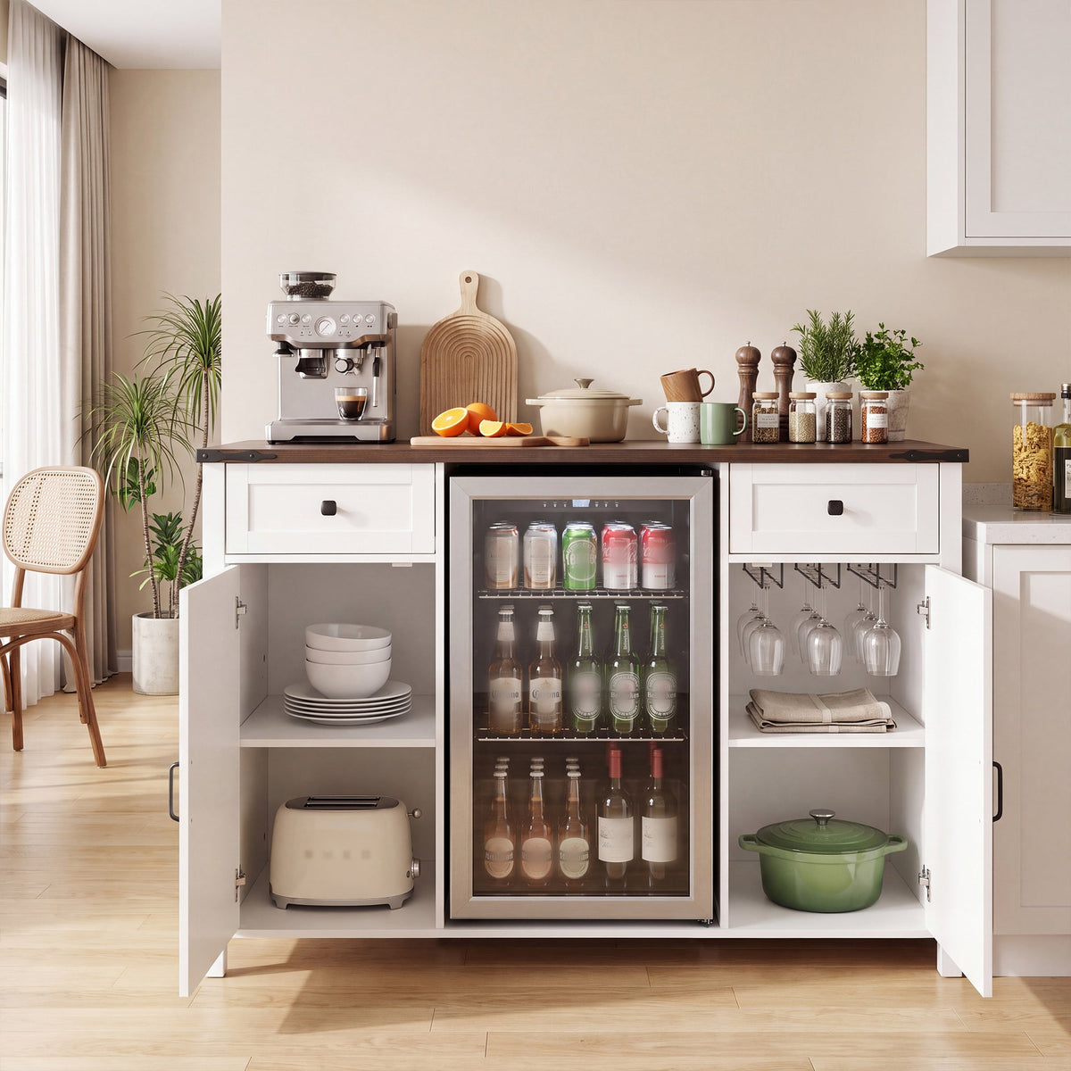 Farmhouse Coffee Bar with Mini Fridge Space and Charging Station