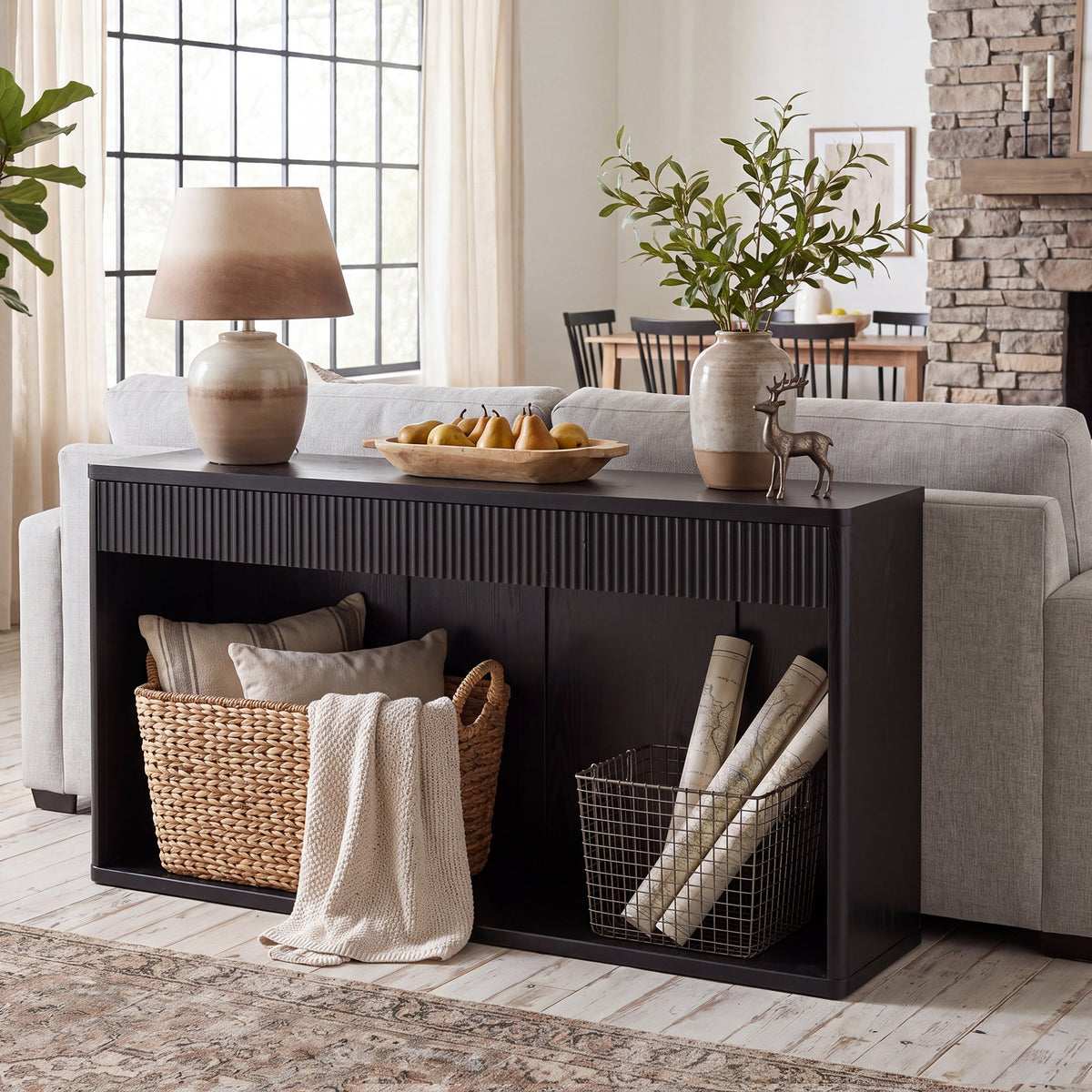 Fluted Console Table with 3 Drawers - 63" Long Sofa Table