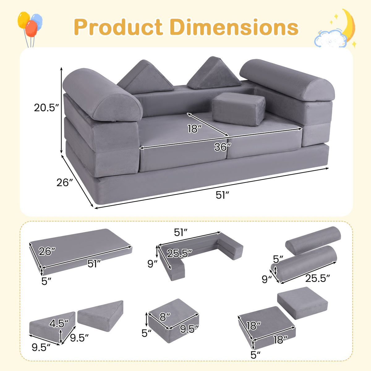 9-Piece Climb and Crawl Foam and Floor Playset with Breathable Suede Fabric-Gray