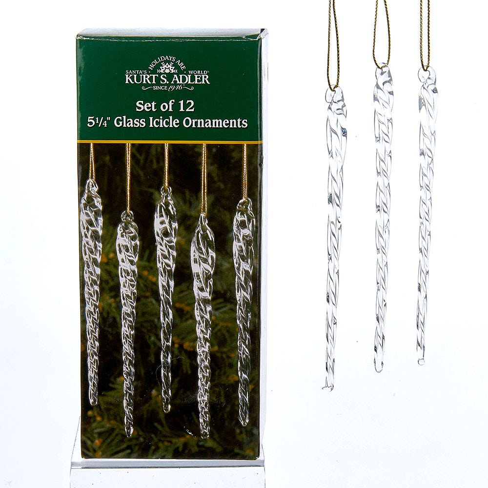 Twisted Clear Glass Icicle Ornaments- 12 Piece Box Set
