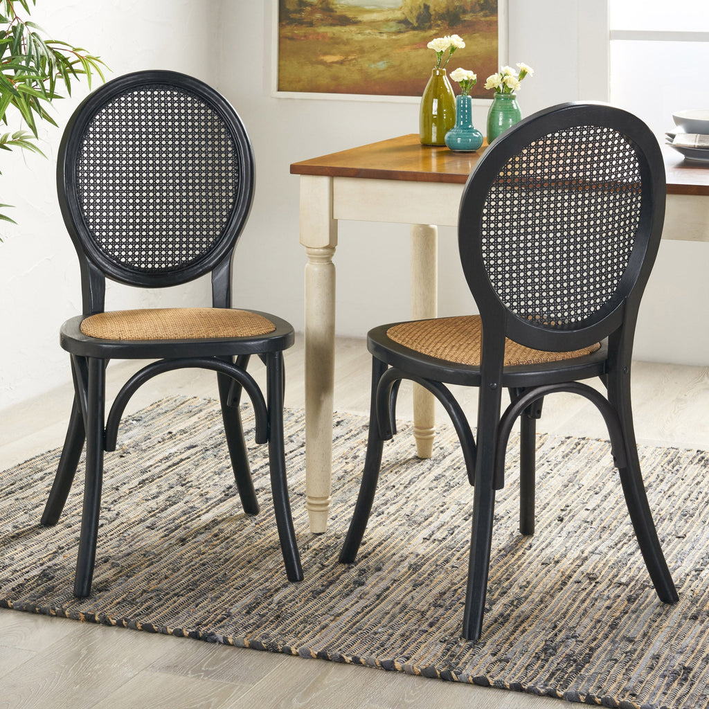 Vintage Rattan-Style Dining Chair MP2 Set of 2 with Elm Wood Frame - Matte Black