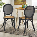 Vintage Rattan-Style Dining Chair MP2 Set of 2 with Elm Wood Frame - Matte Black