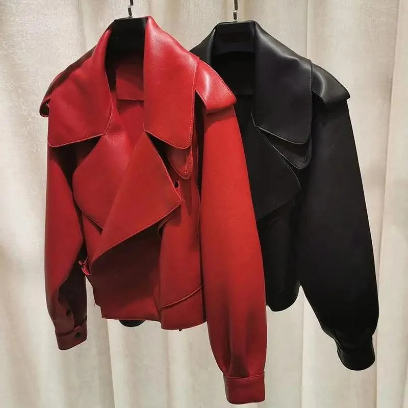Unique Design Faux Leather Jacket Women Loose Soft Vintage Motorcycle Biker Coat Short Pu Leather Coat Female Punk Autumn Streetwear Outwear