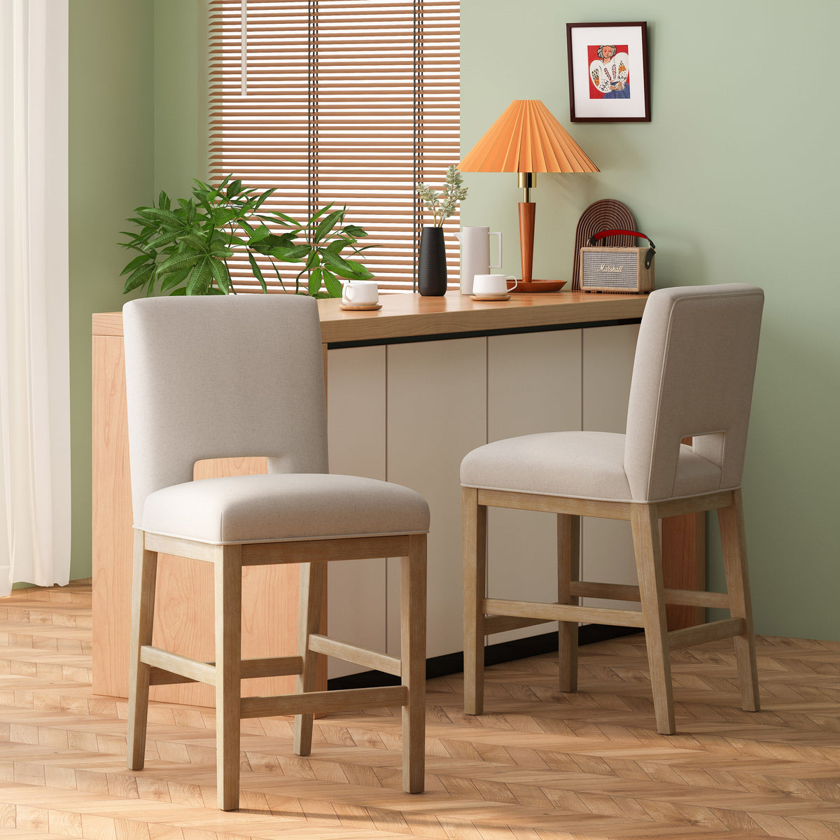 27 Inch Fabric Counter Stools, Set of 2 with Sturdy Rubberwood Legs - Wheat