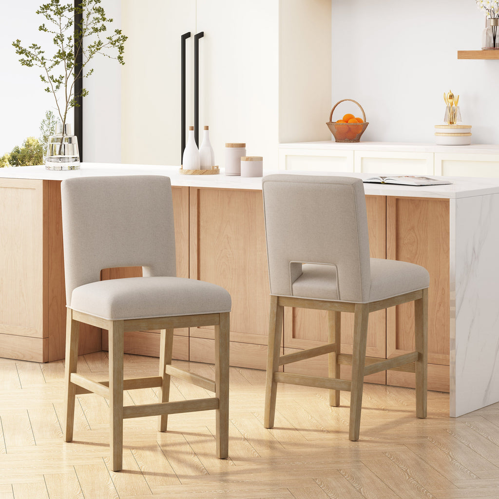 27 Inch Fabric Counter Stools, Set of 2 with Sturdy Rubberwood Legs - Wheat